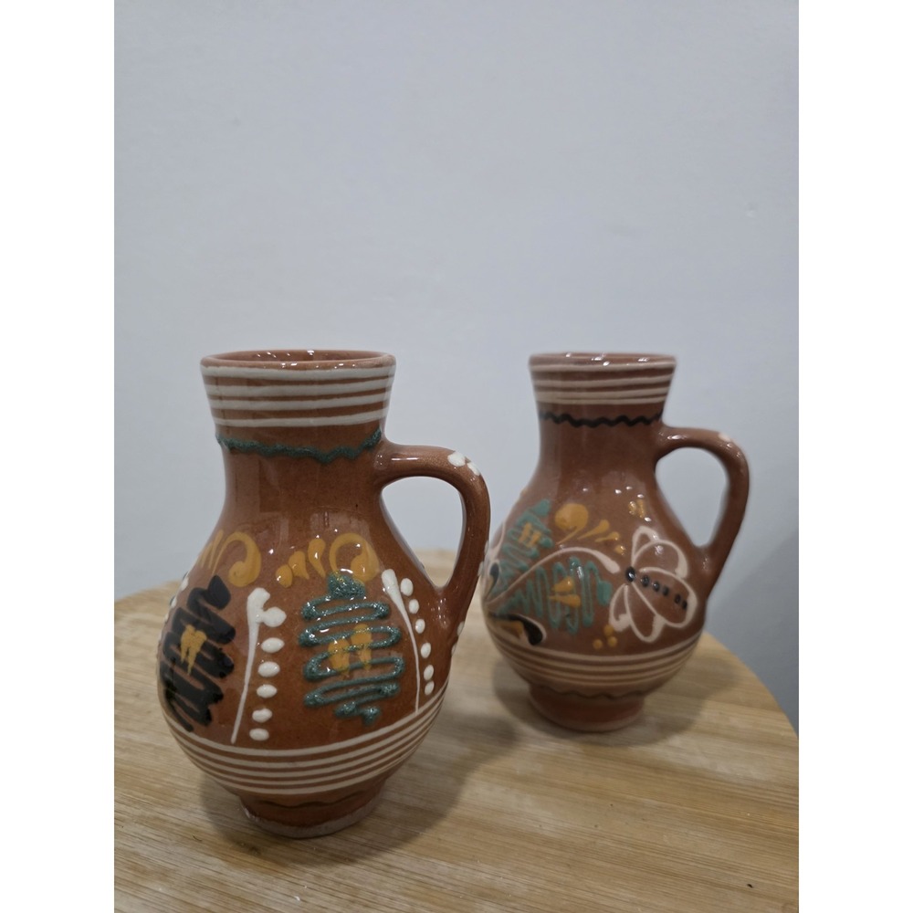 Vintage Pair of Mexican Jarritos de Barro Set 2 Clay Hand Painted Art Glossy 5"